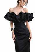 210 Black Long Bustiere, Sculptural Off Shoulder Neckline