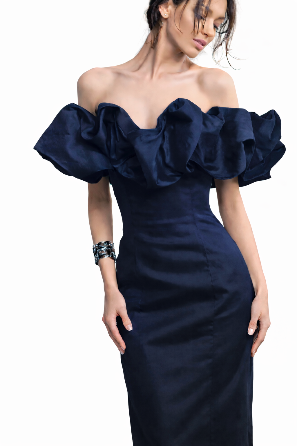 212 Ink Long Bustiere, Sculptural Off Shoulder Neckline