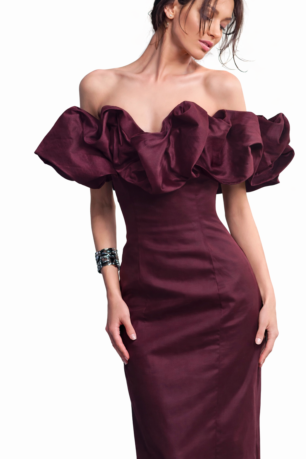 Wine Long Bustiere, Sculptural Off Shoulder Neckline - 211