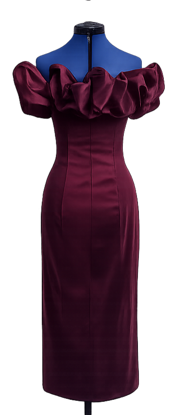 Wine Long Bustiere, Sculptural Off Shoulder Neckline - 211