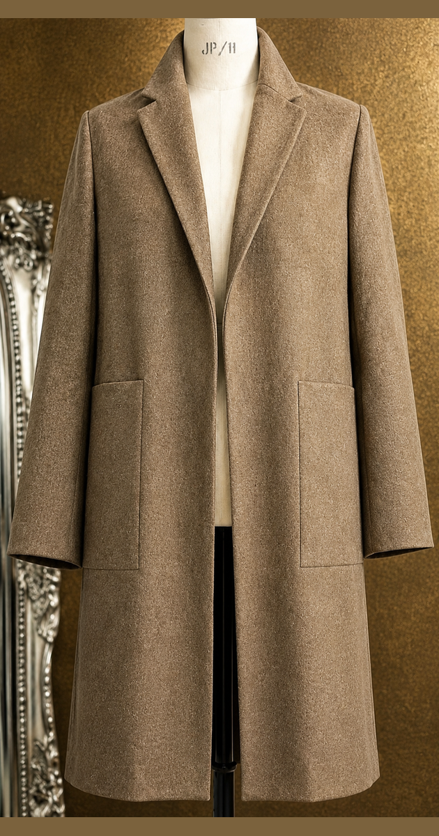 620 Coat unlined double sided wool, belted, large collar