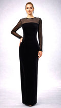120 Black Velvet Long Dress - Sheer Stretch Mesh Yoke