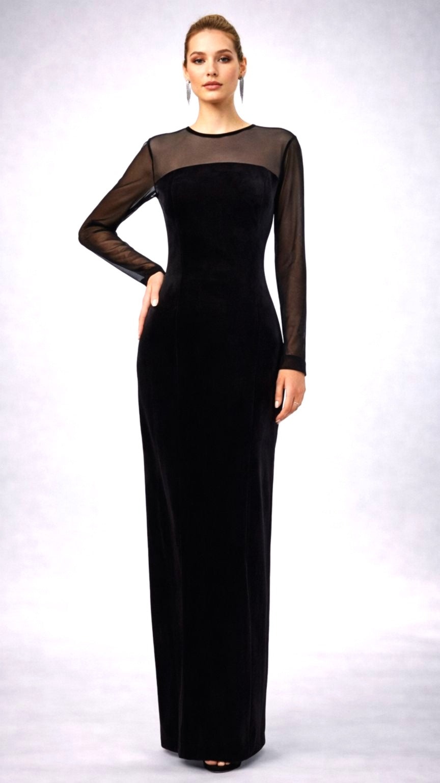 120 Black Velvet Long Dress - Sheer Stretch Mesh Yoke