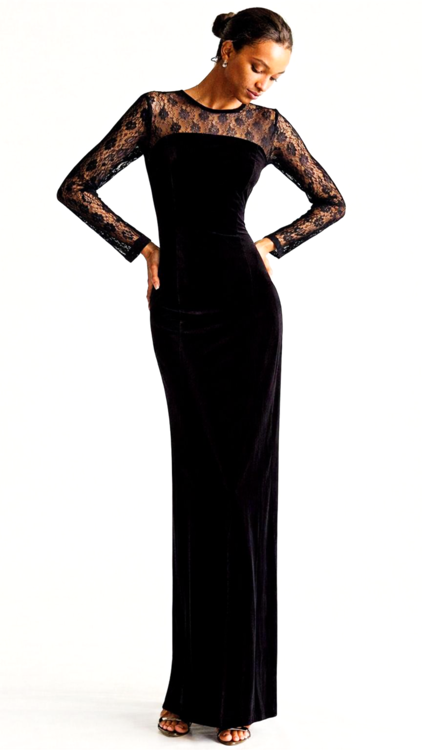 121 Black Velvet Long Dress - Stretch Lace Yoke