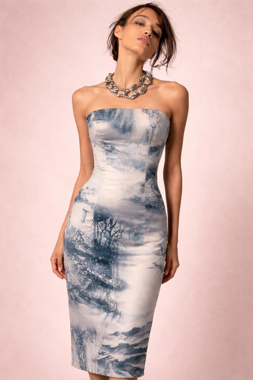 160 Print Bustiere, Stretch Sateen, Mid Calf