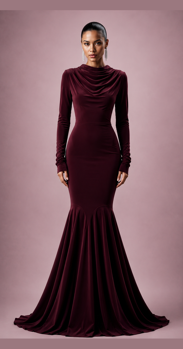 667 Cowl Neck Long Flared Dress, Knit