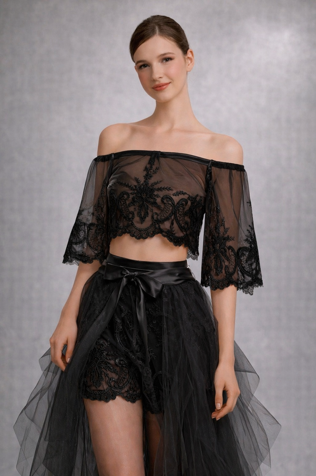888 Black Lace Cropped Top Scalloped Lace