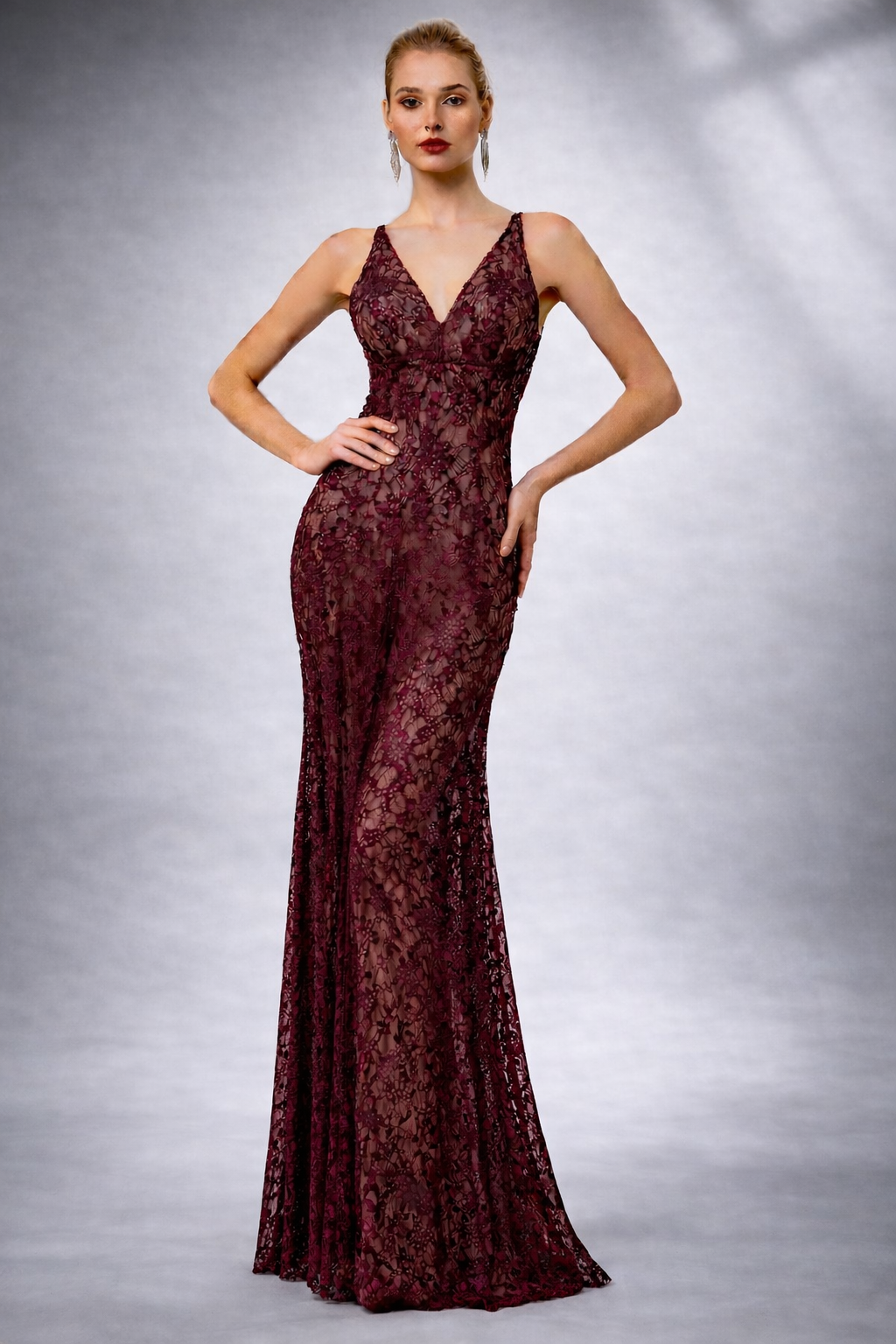 148 Burgundy Wine stretch lace dress
