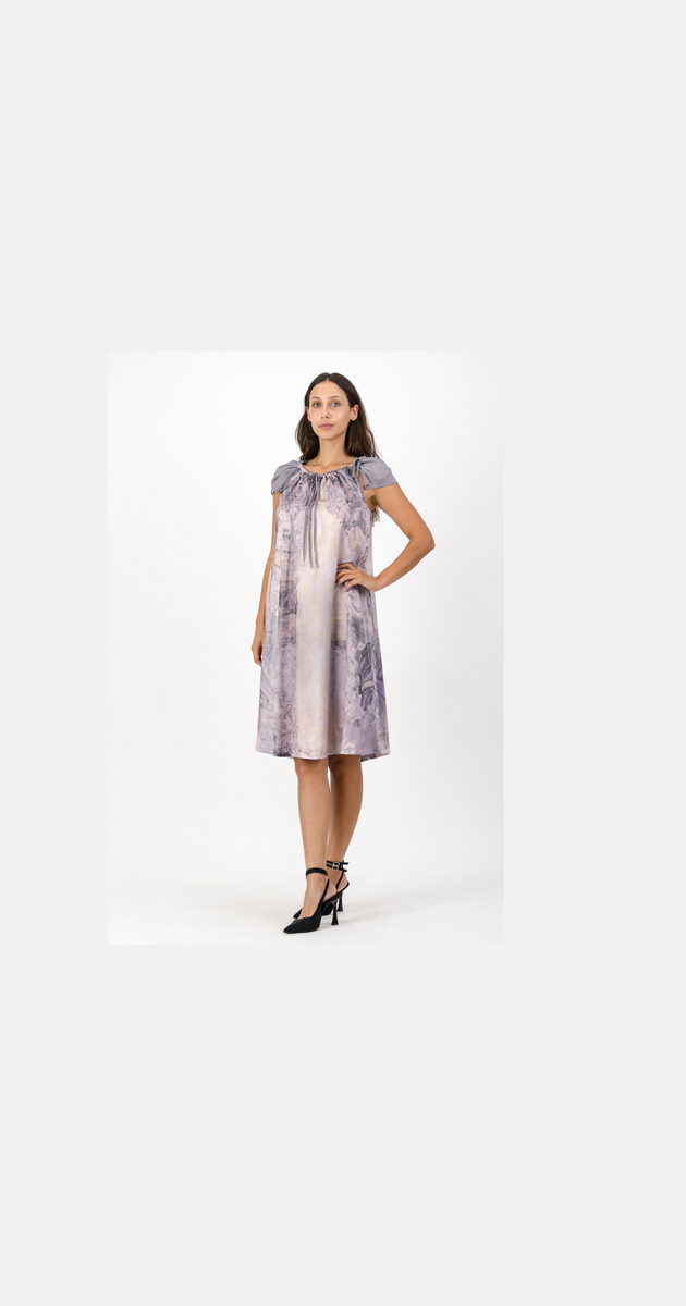 703 Iris Print Dress, Chiffon Drawstring