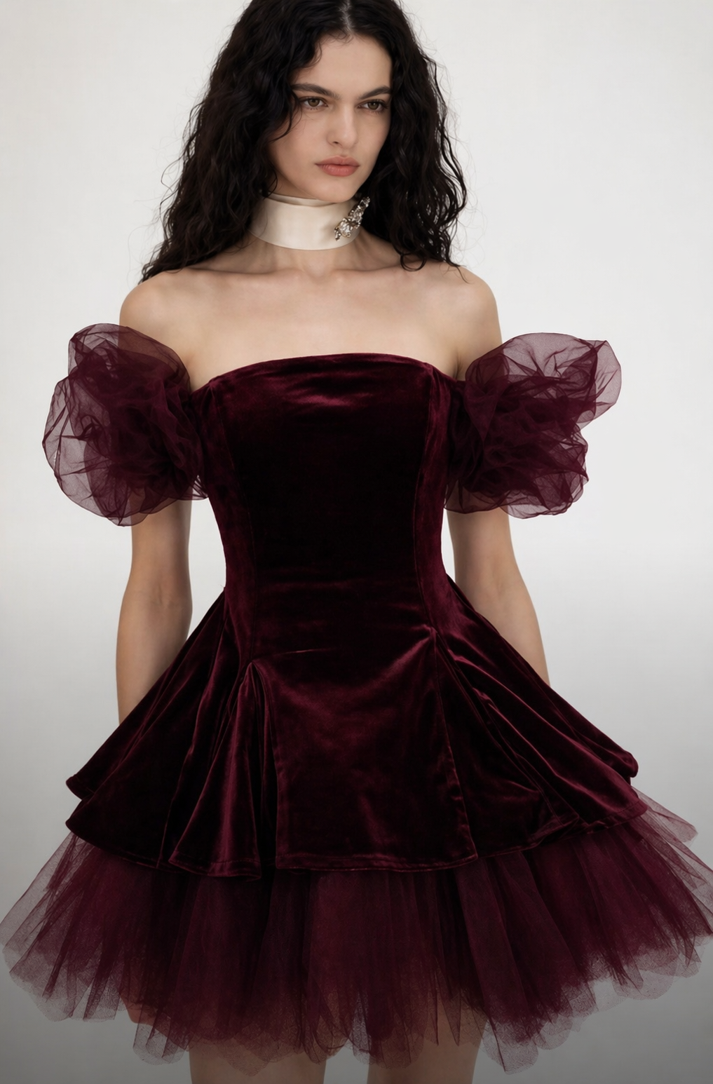 709 Black Velvet Corset, Fit and Flare, Off Shoulder Chiffon neckline