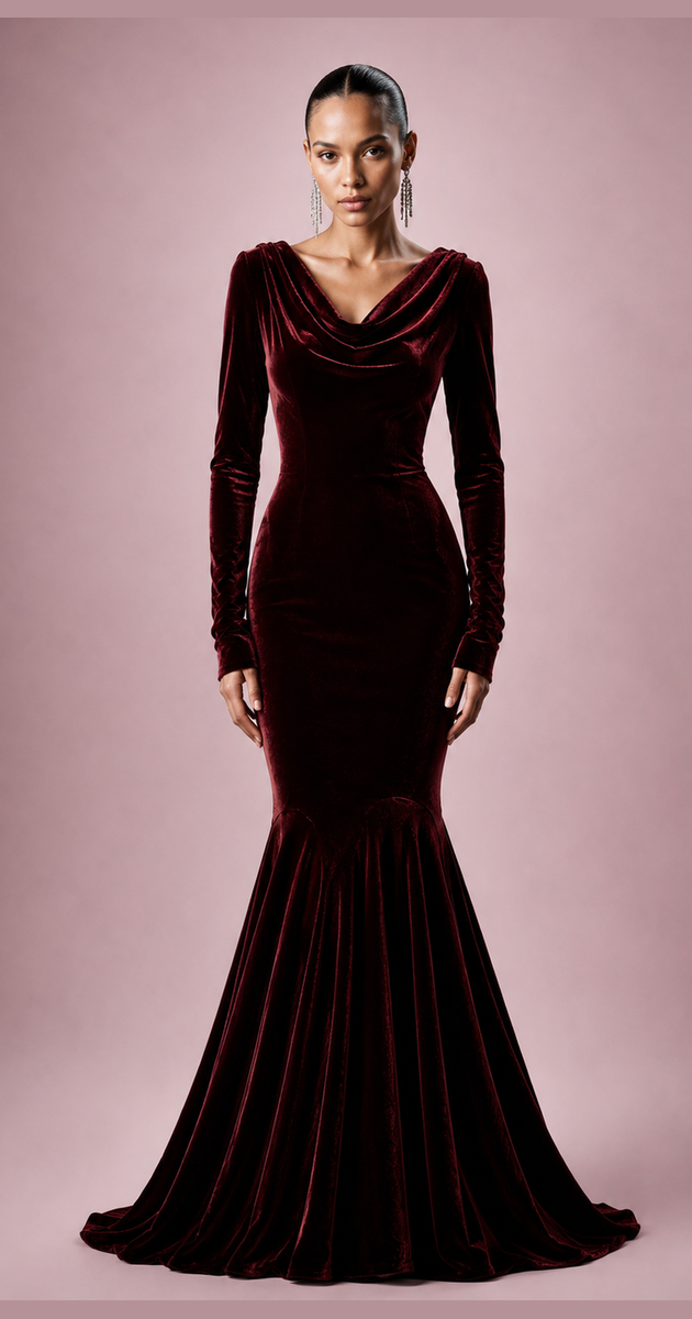 667 Cowl Neck Long Flared Dress, Knit