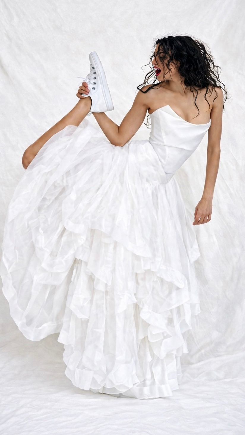 780 White Tulle Layered Bustiere Dress