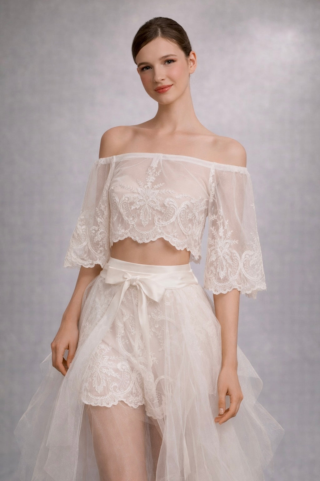 888 Black Lace Cropped Top Scalloped Lace