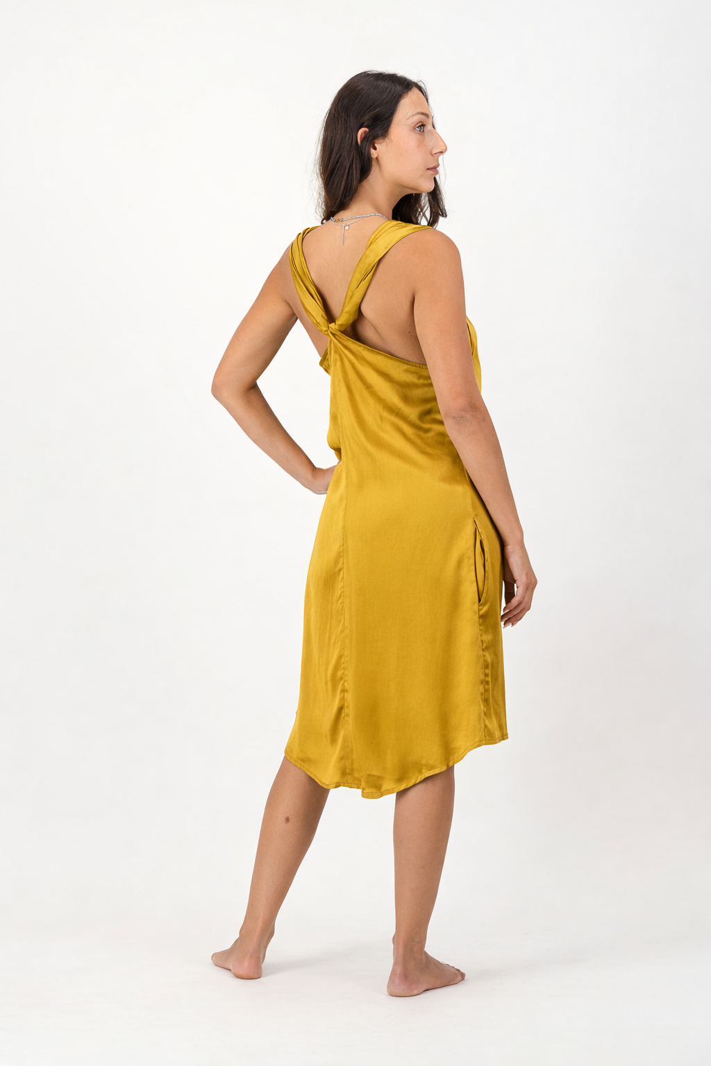 Gold Dress with V Back and Hi-Low Hemline