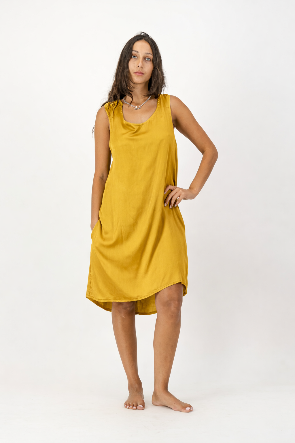 Gold Dress with V Back and Hi-Low Hemline