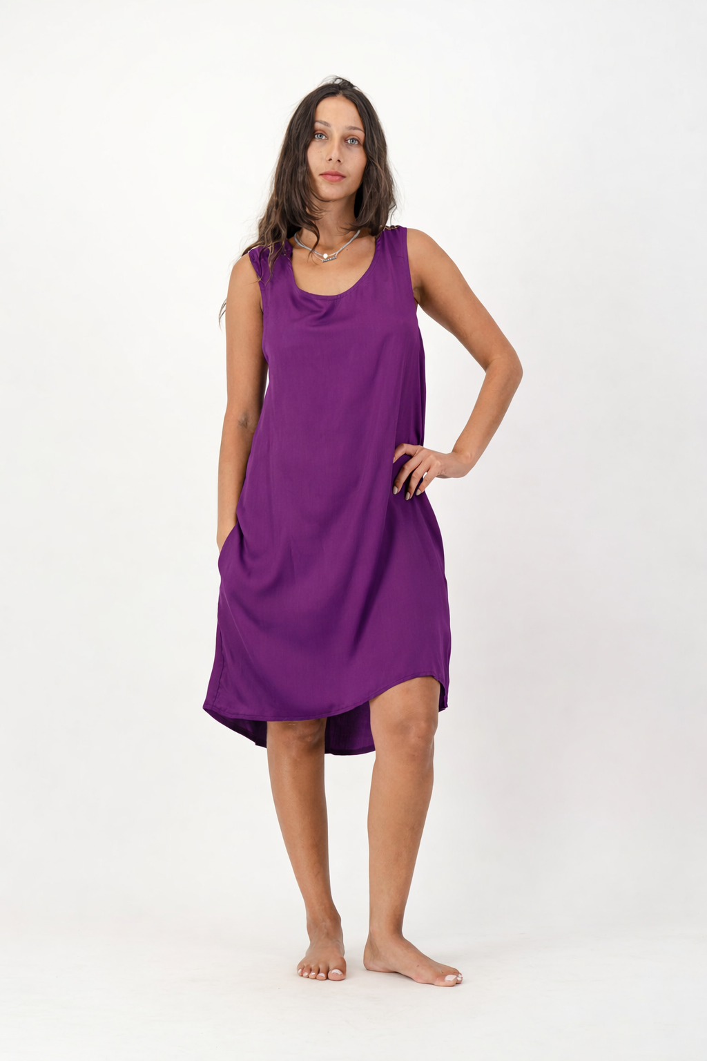 Grape Dress with V Back and Hi-Low Hemline