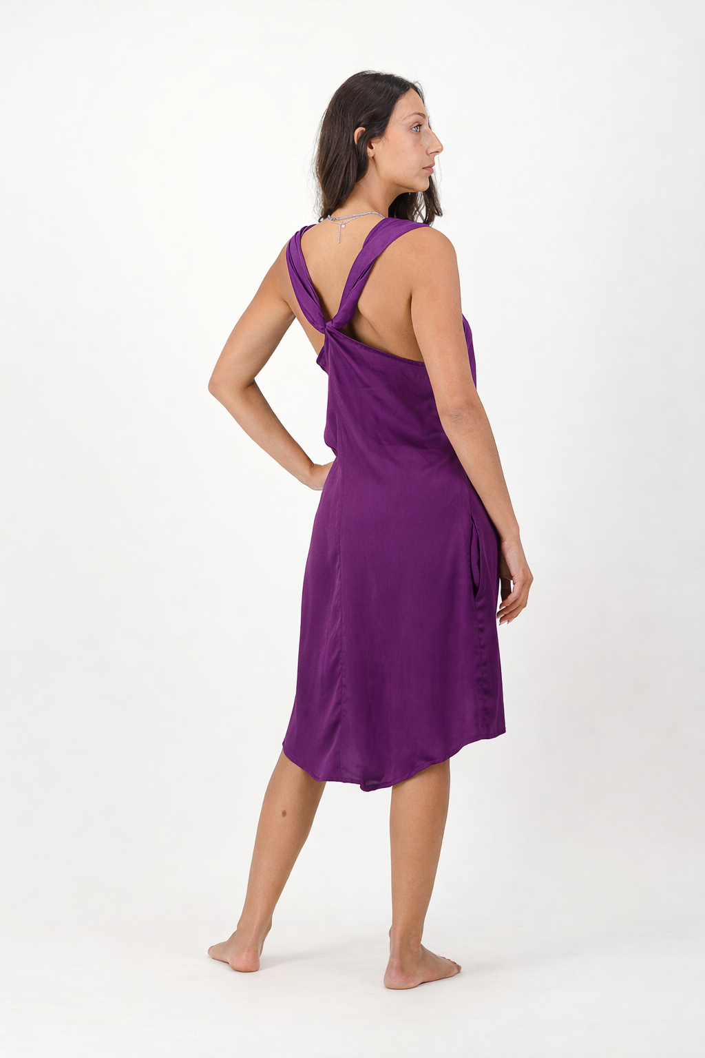 Grape Dress with V Back and Hi-Low Hemline