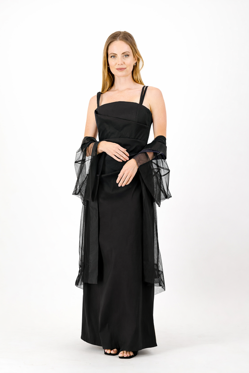 Black long Xover Taffetta Stretch Dress