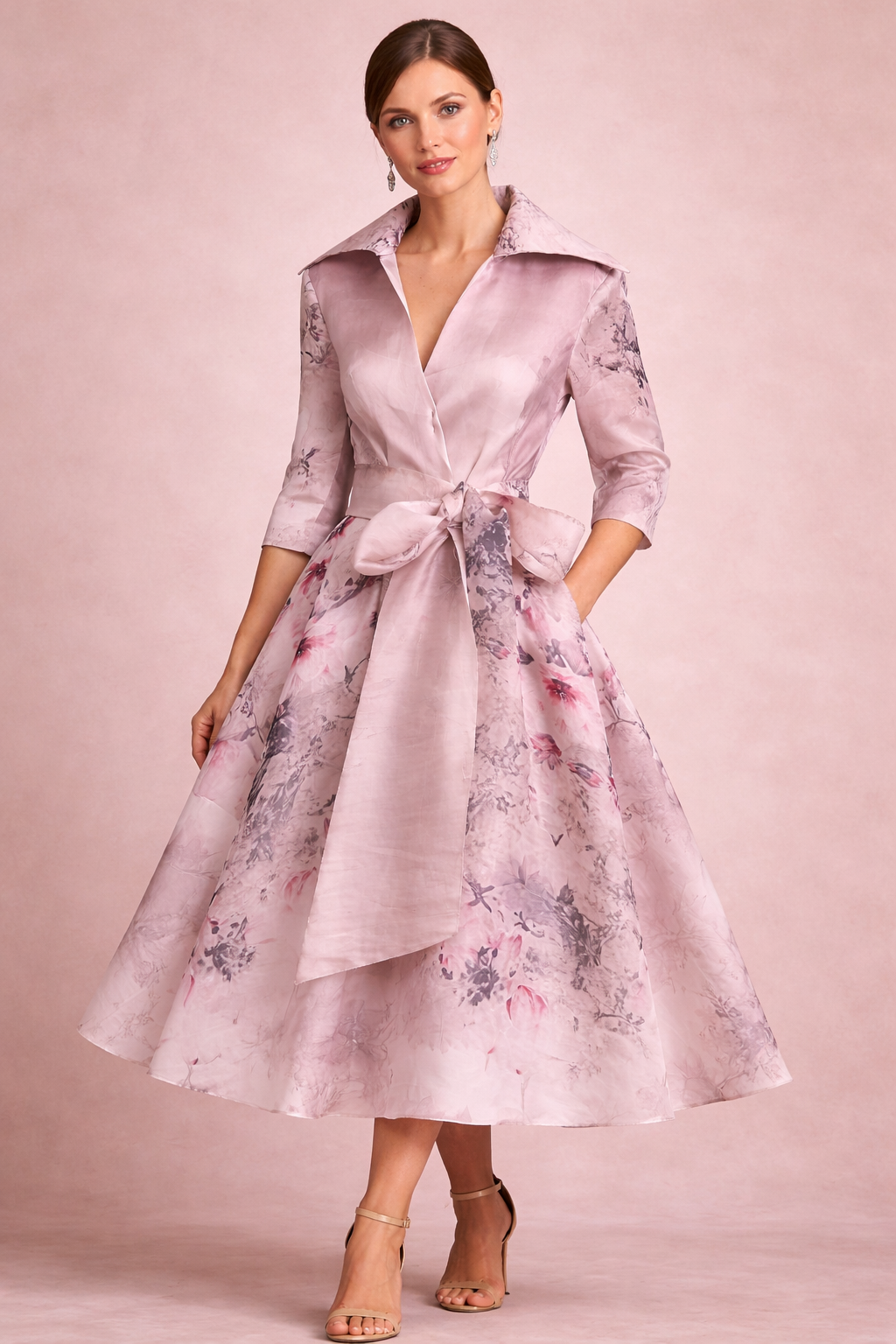 Silk organza shirtwaister, blush digital print