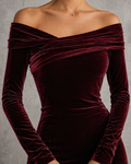 670 Burgundy Velvet Top, Off Shoulder Neckline, Crossover V Front