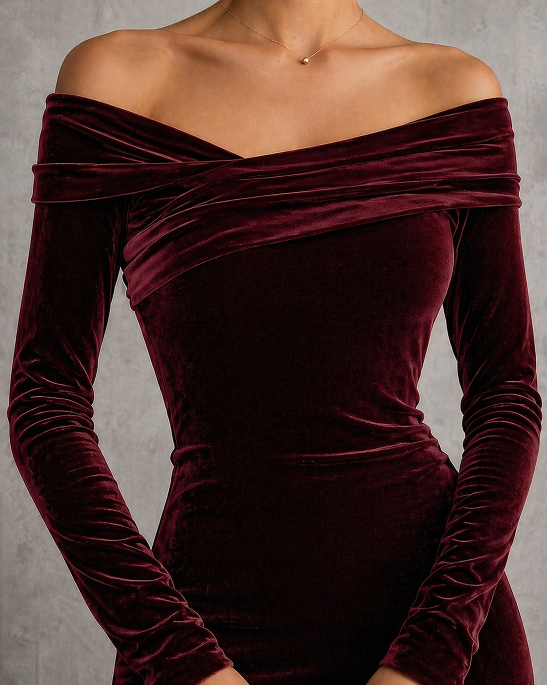 670 Burgundy Velvet Top, Off Shoulder Neckline, Crossover V Front