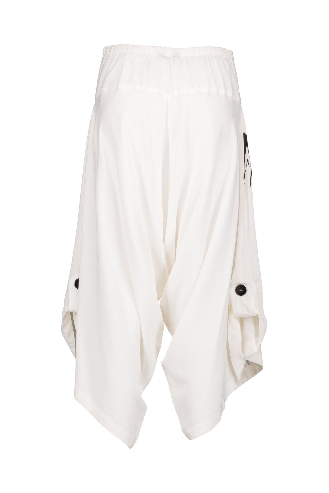 White Harem Pants, Black Bamboo Print, Flat Front, Elasticated Back