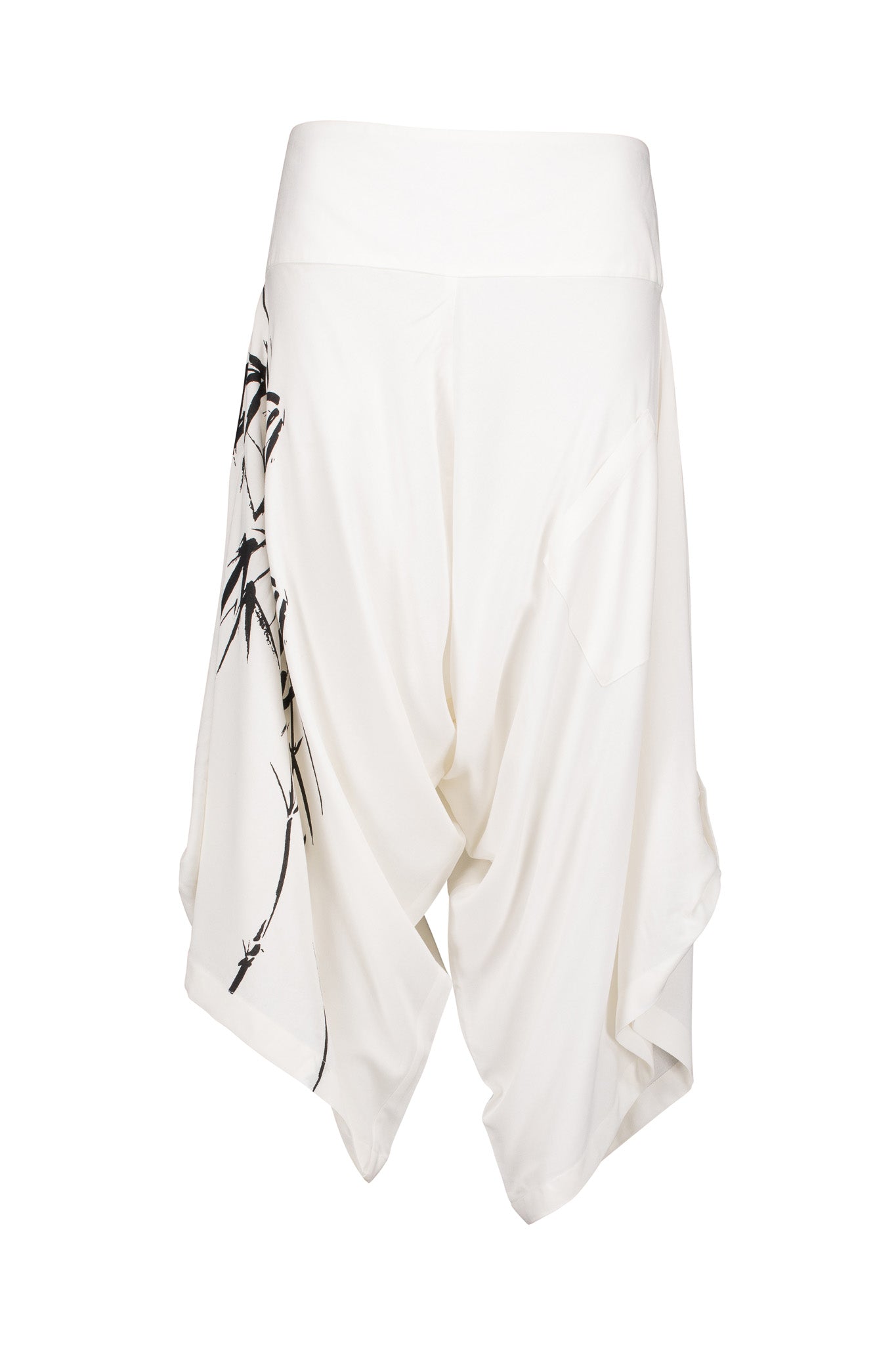 White Harem Pants, Black Bamboo Print, Flat Front, Elasticated Back