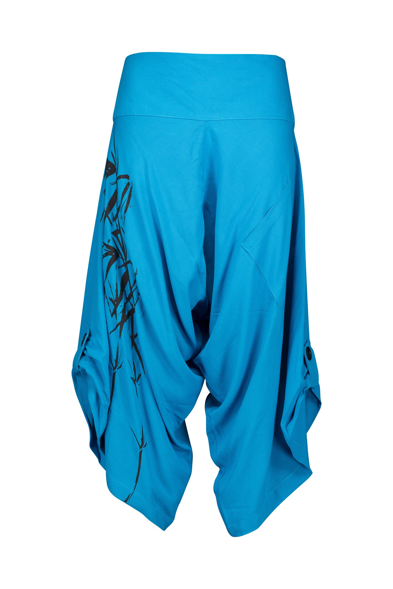 Turquoise Harem Pants, Bamboo Print, Flat Front, Elasticated Back