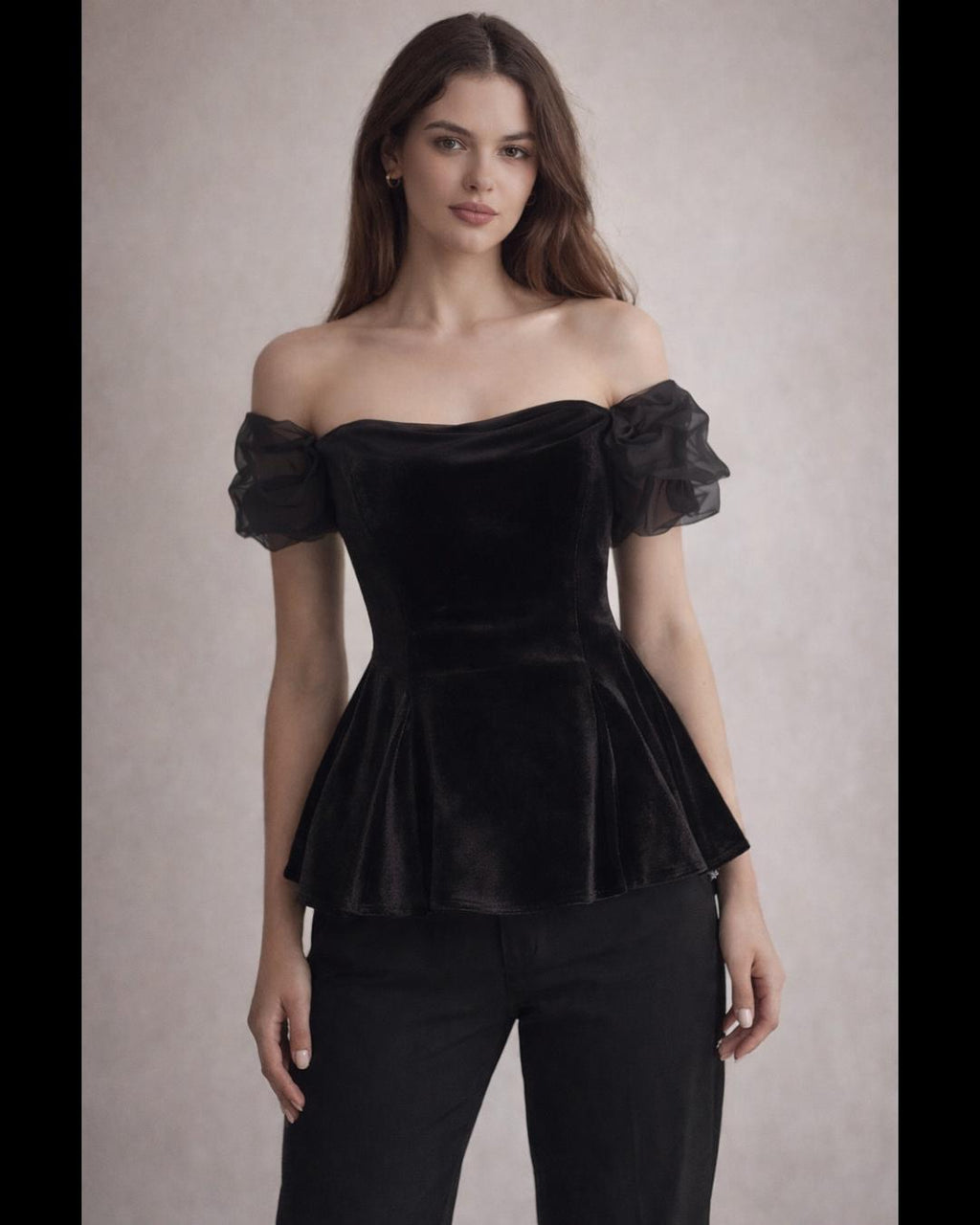 709 Black Velvet Corset, Fit and Flare, Off Shoulder Chiffon neckline