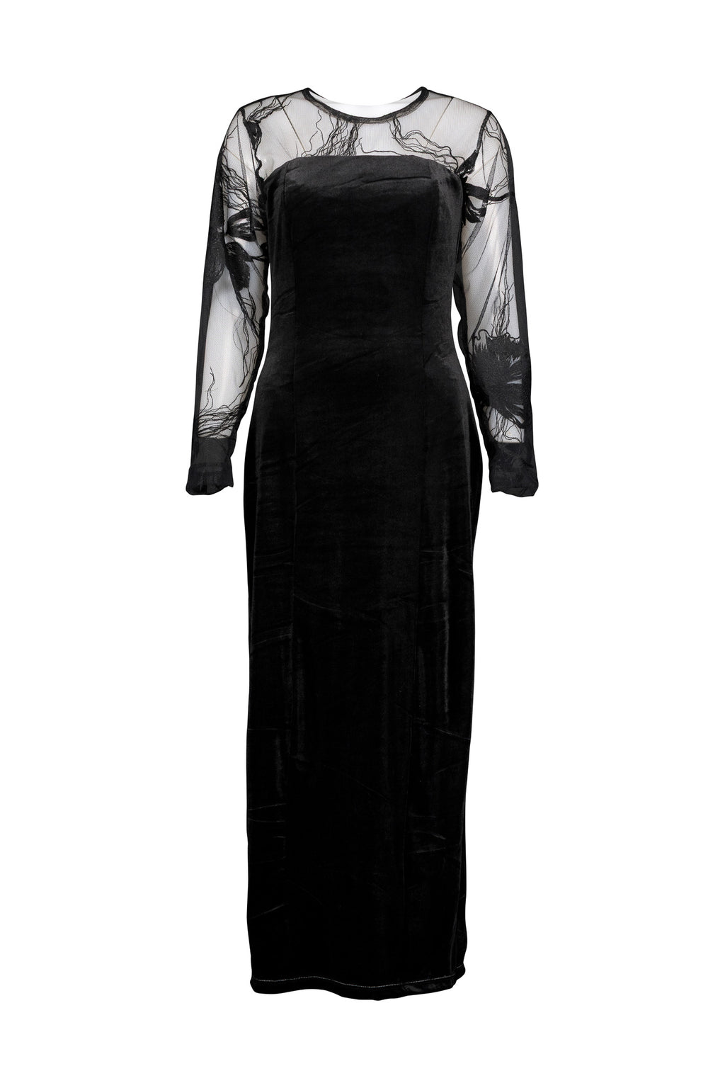 Black Velvet Long Dress - Embroidered Chiffon Yoke