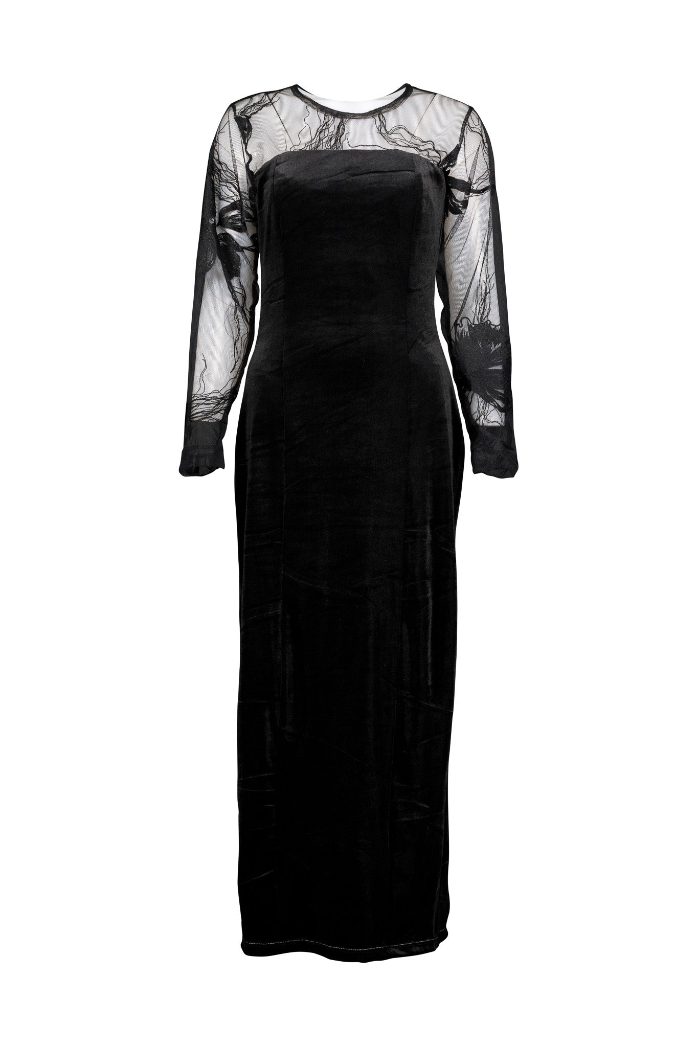Black Velvet Long Dress - Embroidered Chiffon Yoke