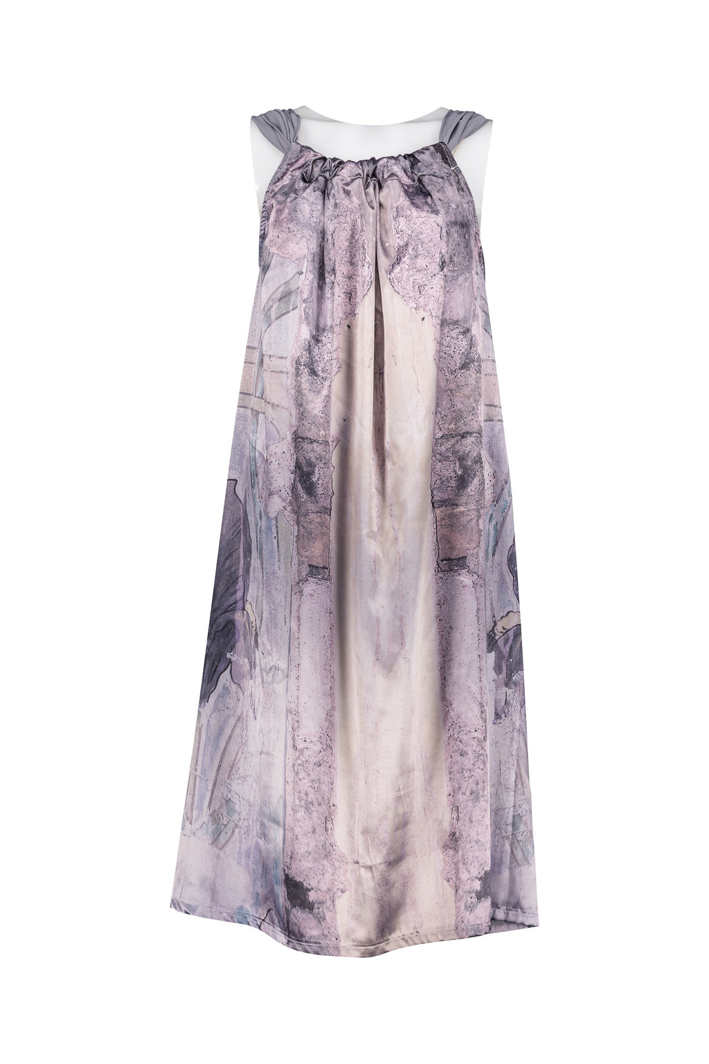 Iris Print Dress, Mist Grey Chiffon Drawstring