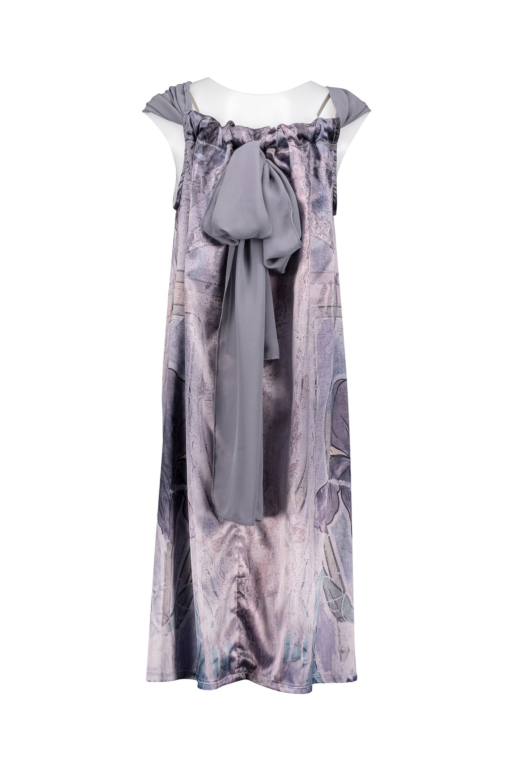Iris Print Dress, Mist Grey Chiffon Drawstring