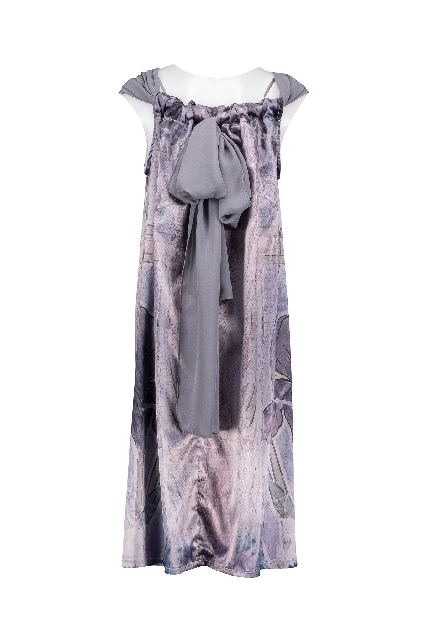 Iris Print Dress, Mist Grey Chiffon Drawstring