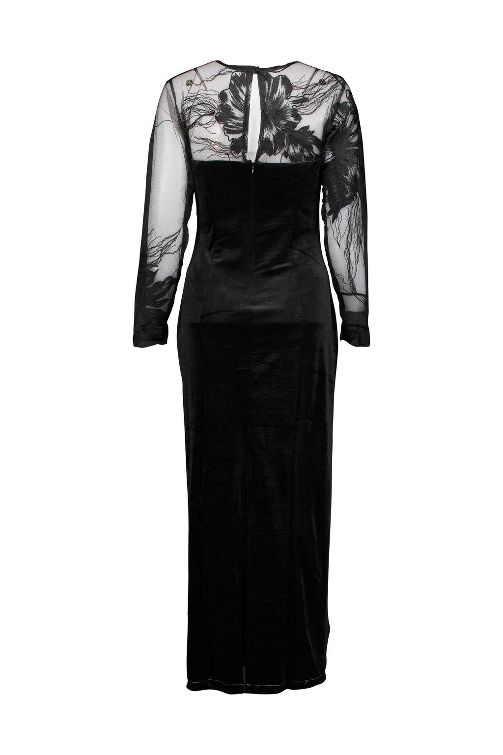 Black Velvet Long Dress - Embroidered Chiffon Yoke