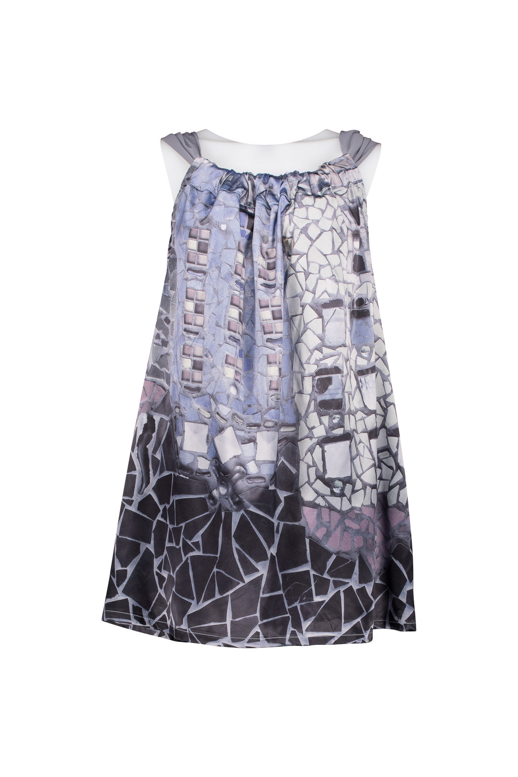 Mosaic Print Silky Cutaway Dress, Georgette Drawstring