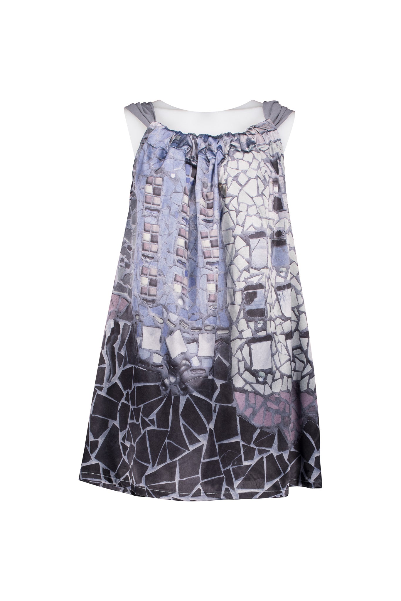 Mosaic Print Silky Cutaway Dress, Georgette Drawstring