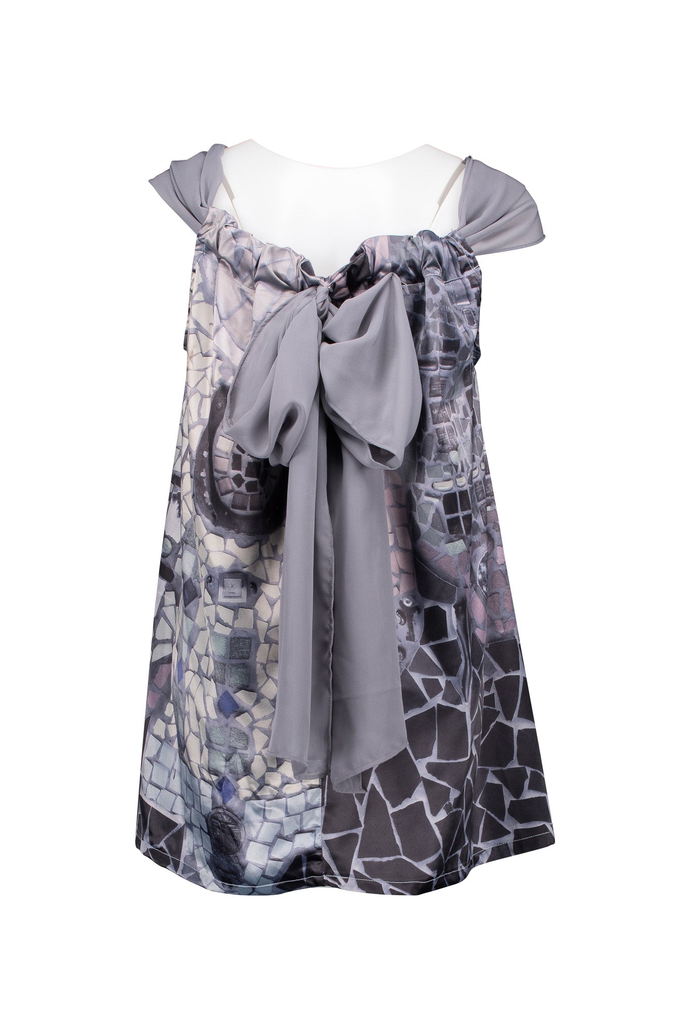 Mosaic Print Silky Cutaway Dress, Georgette Drawstring