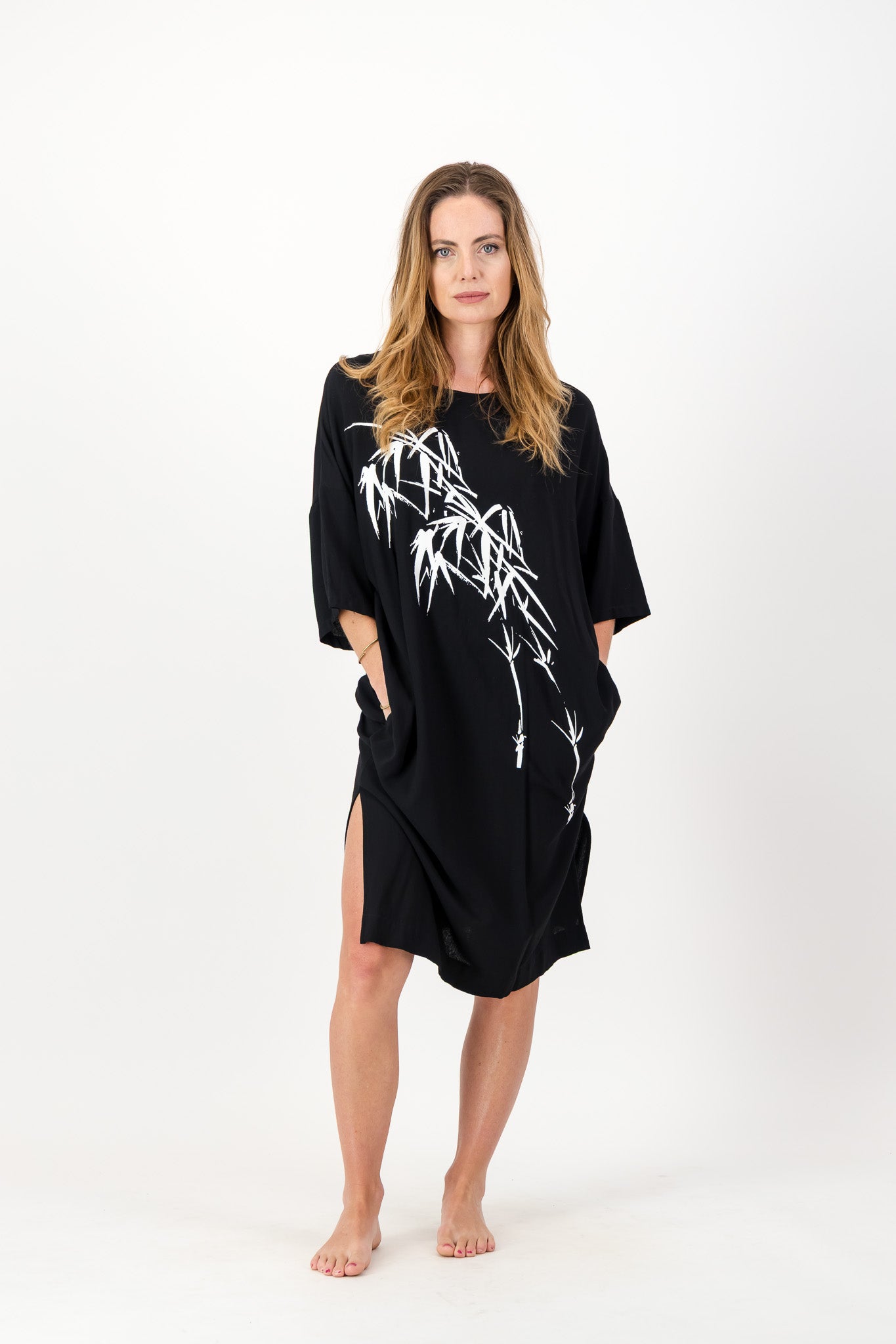 Black Kaftan with a Japanese Bamboo Print. Elegant Summer Dressing.
