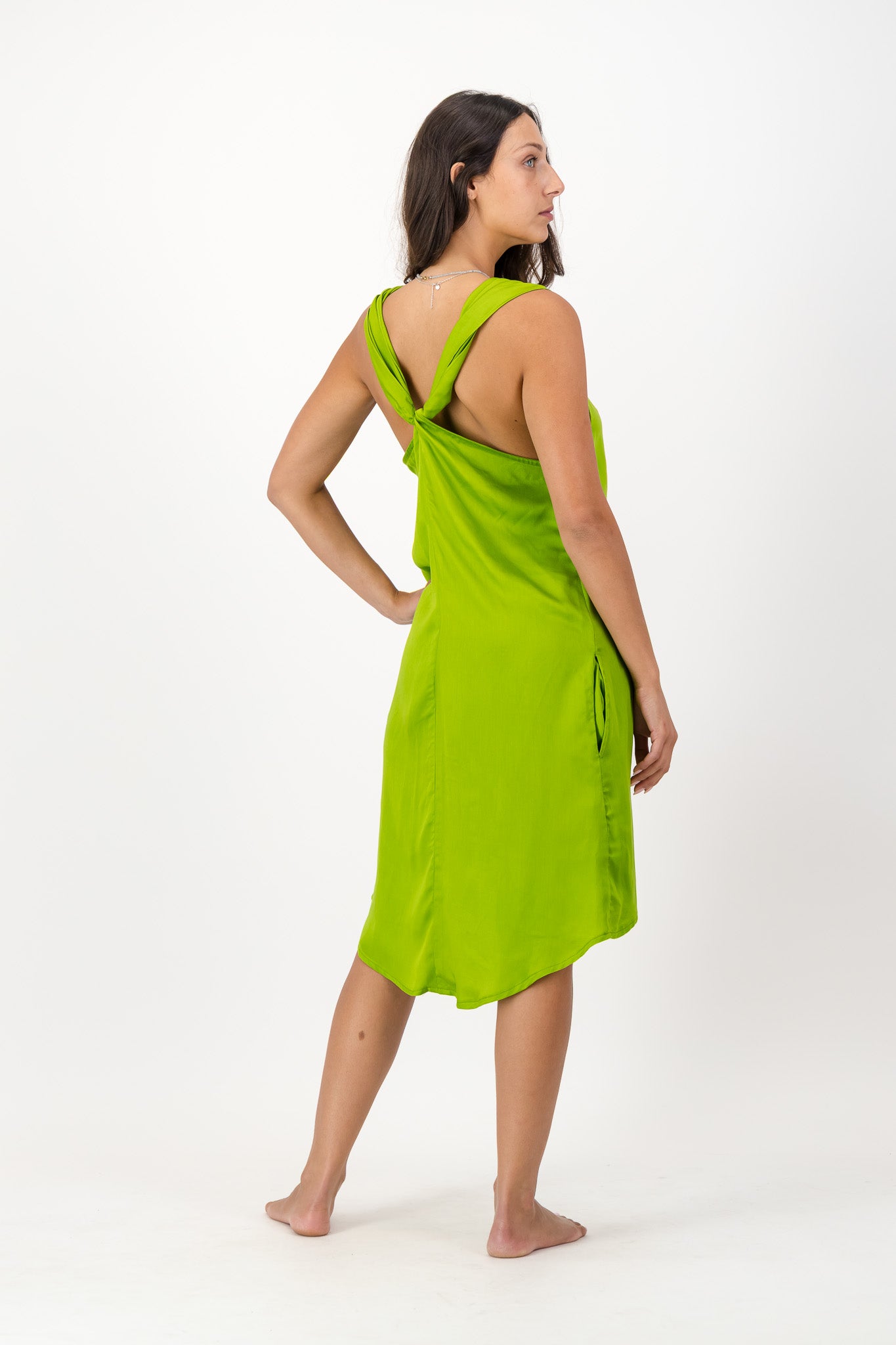 Apple Green Flared Silky Dress with V Back and Hi-Low Hemline