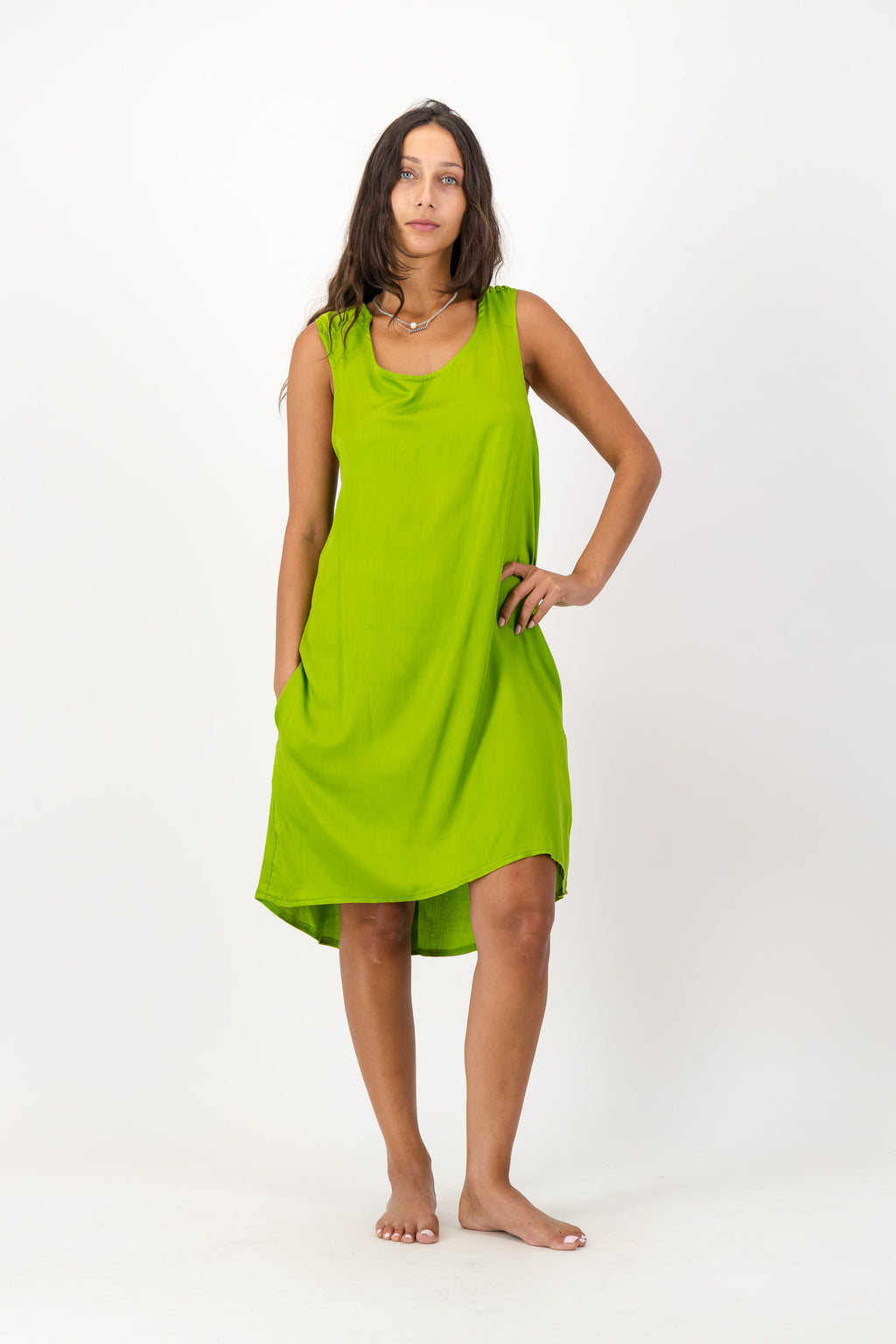 Apple Green Flared Silky Dress with V Back and Hi-Low Hemline