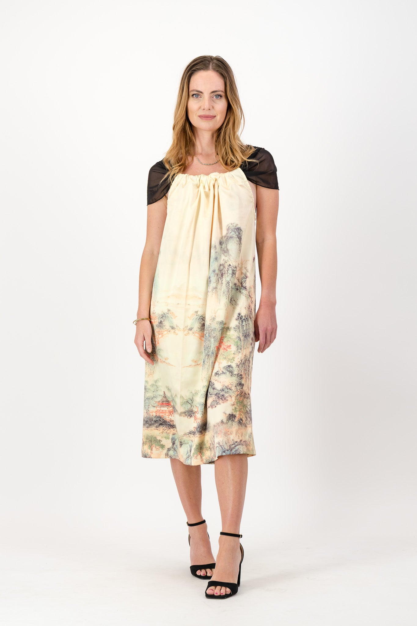 Chinese Landscape Dress with Georgette Drawstring