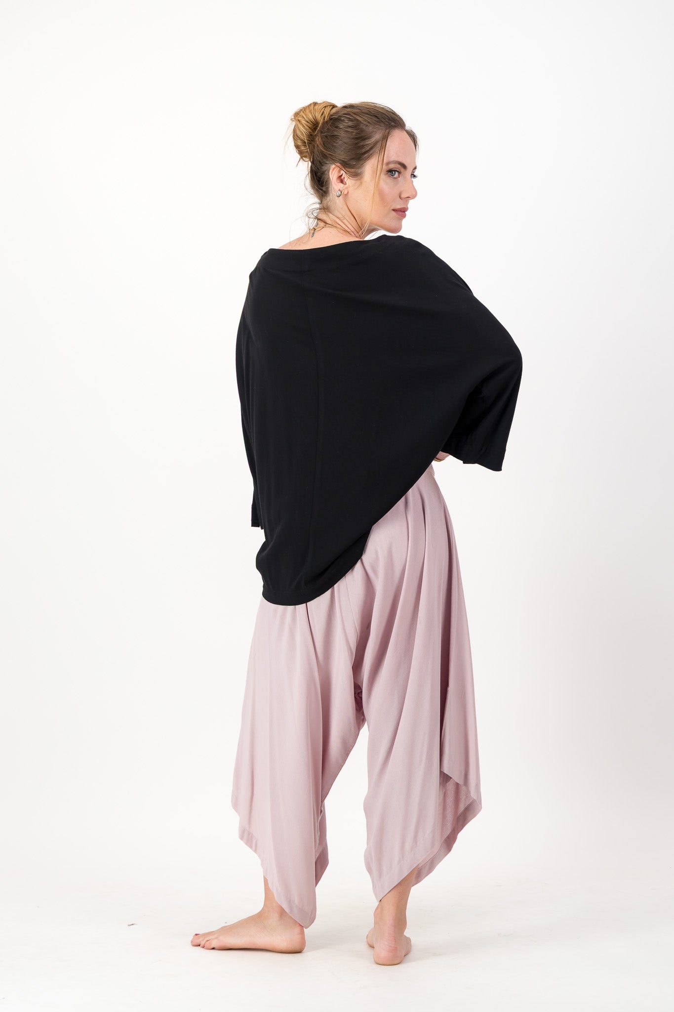 Harem Pants, Flat Front, Elasticated Back, Side Tab with Button