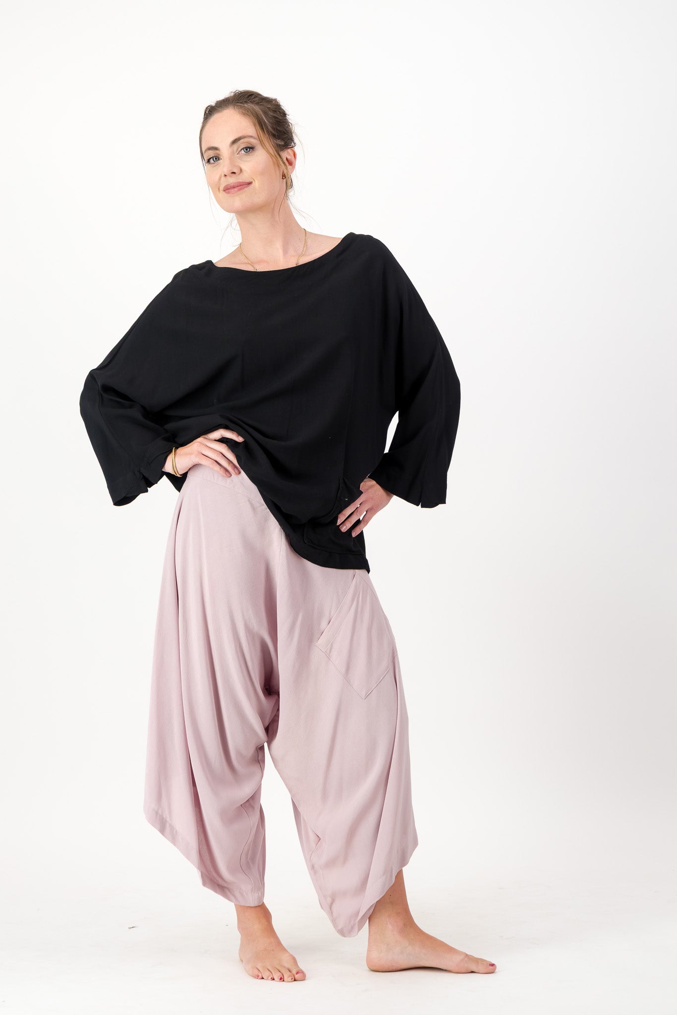 Harem Pants, Flat Front, Elasticated Back, Side Tab with Button