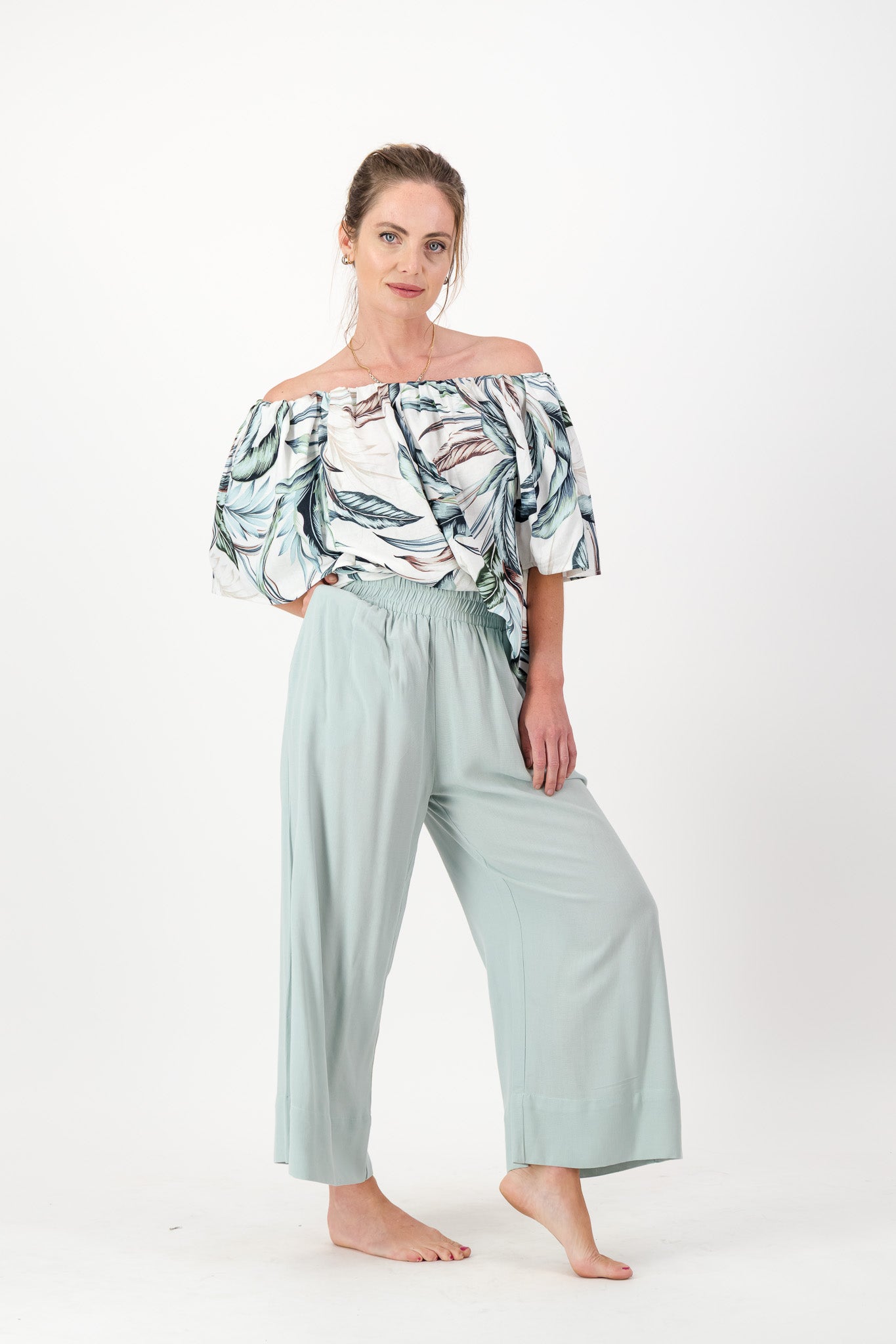 Seafoam Wide Leg Palazzo Pants, Elasticated Pull-on, Pockets