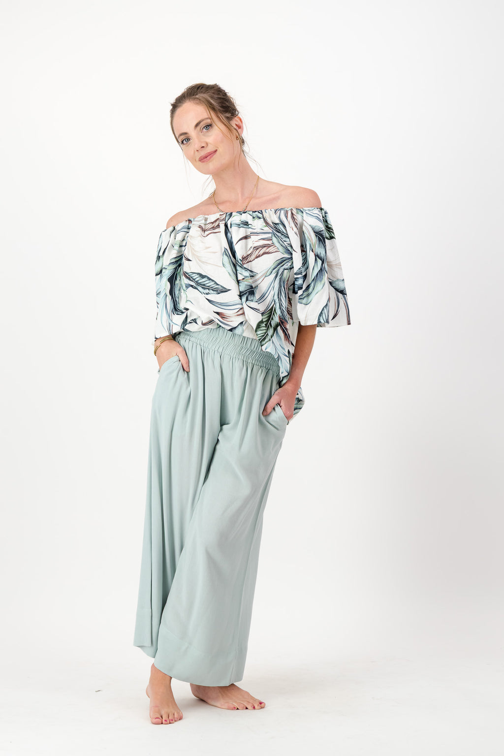 Seafoam Wide Leg Palazzo Pants, Elasticated Pull-on, Pockets