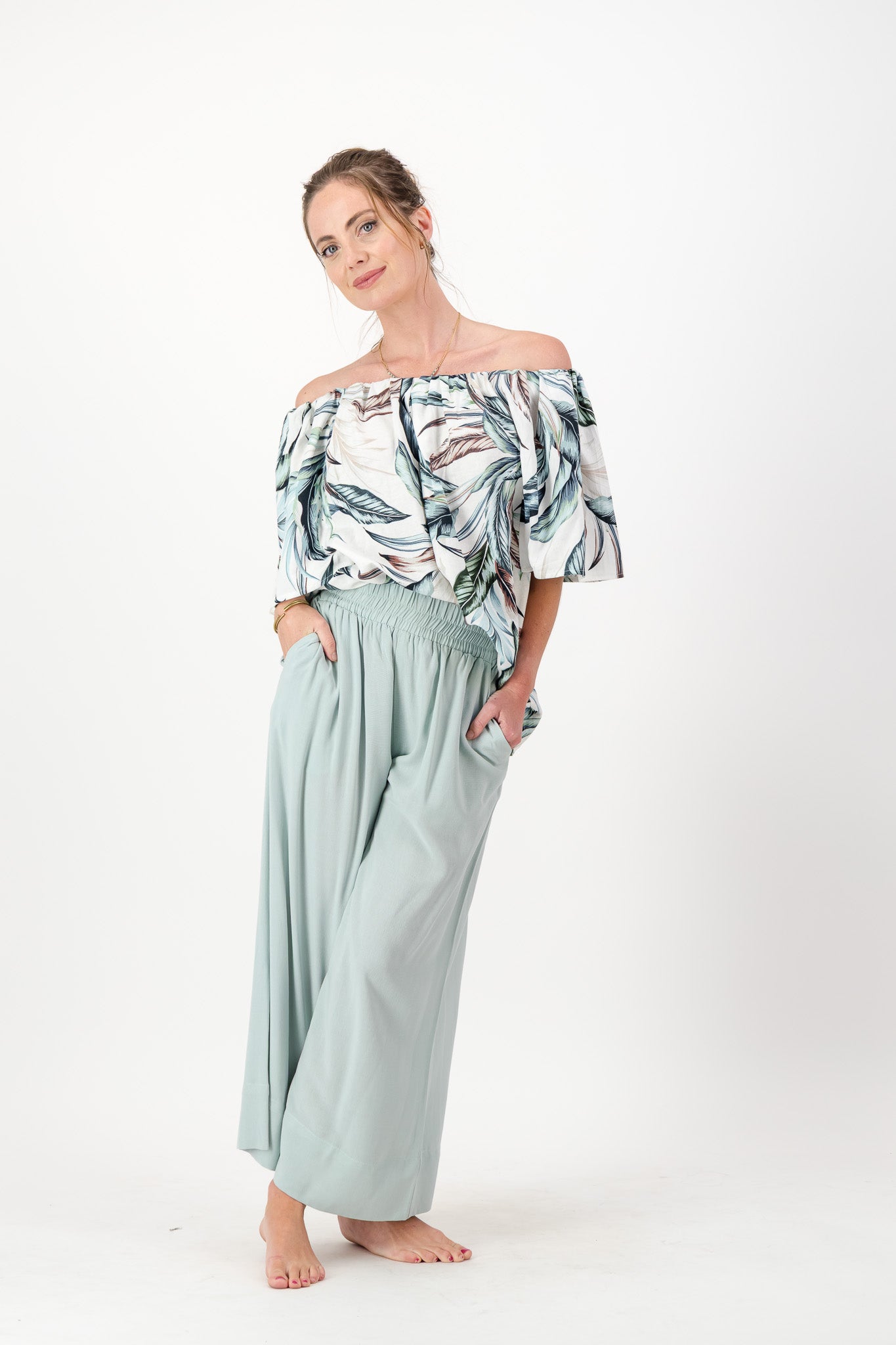 Seafoam Wide Leg Palazzo Pants, Elasticated Pull-on, Pockets