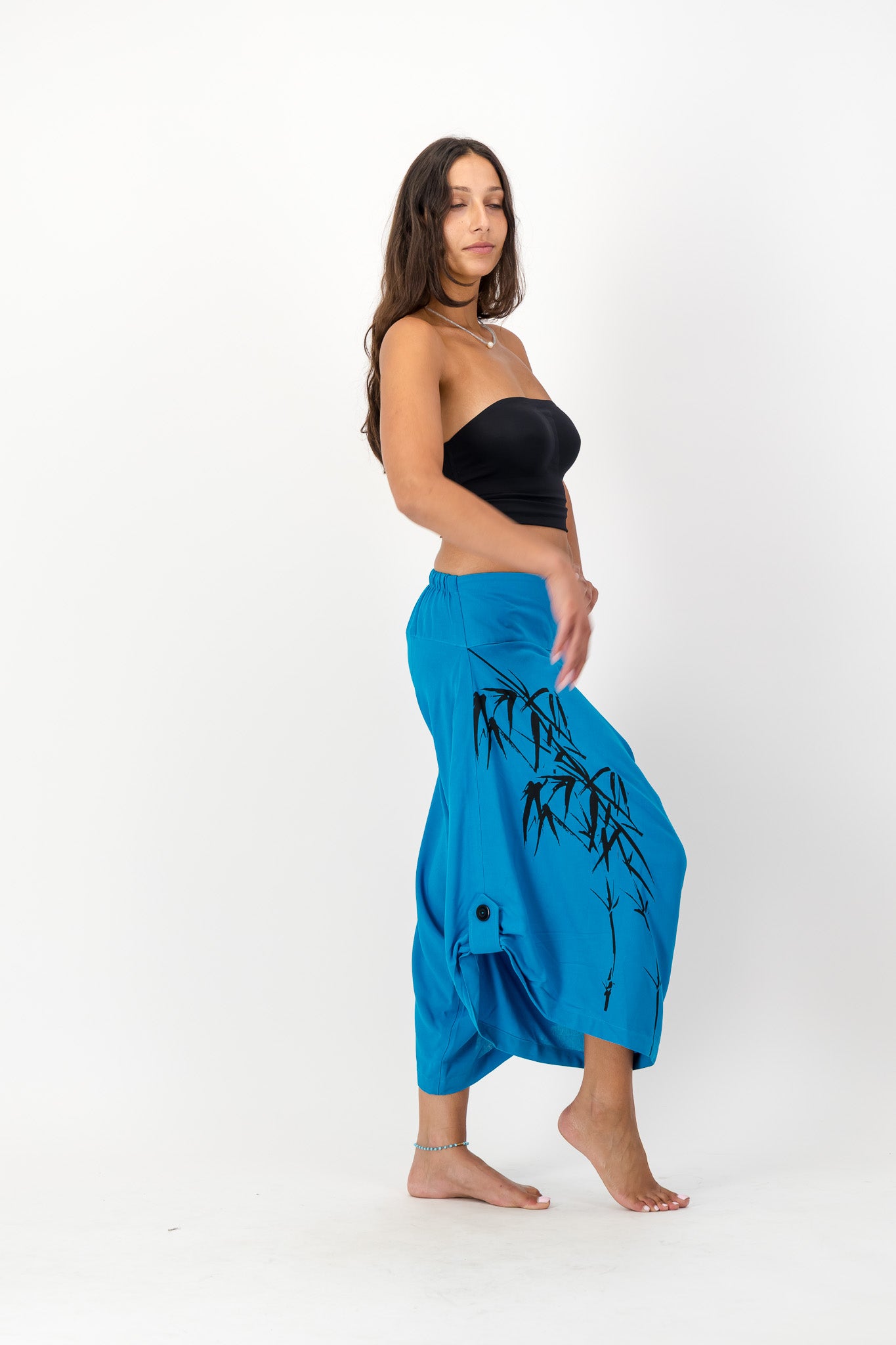 Turquoise Harem Pants, Bamboo Print, Flat Front, Elasticated Back