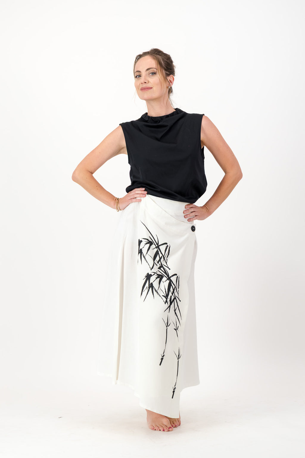 White Wrap Skirt, Bamboo Print, Asymmetrical Hemline