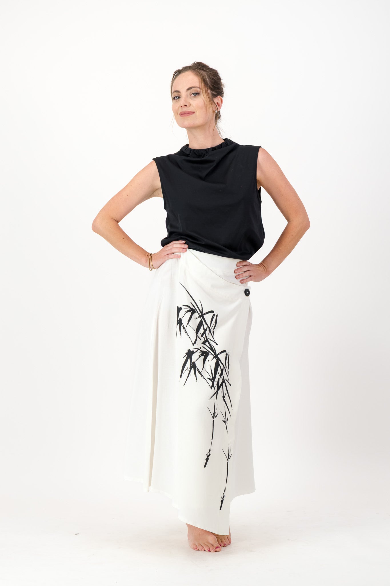 White Wrap Skirt, Bamboo Print, Asymmetrical Hemline